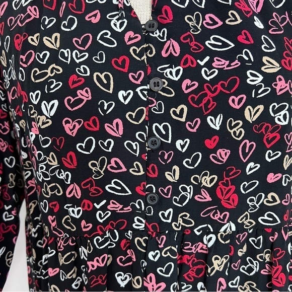 LOFT Black Multi-Color Hearts Print Long Sleeve Shirt Dress size XS - Picture 6 of 10